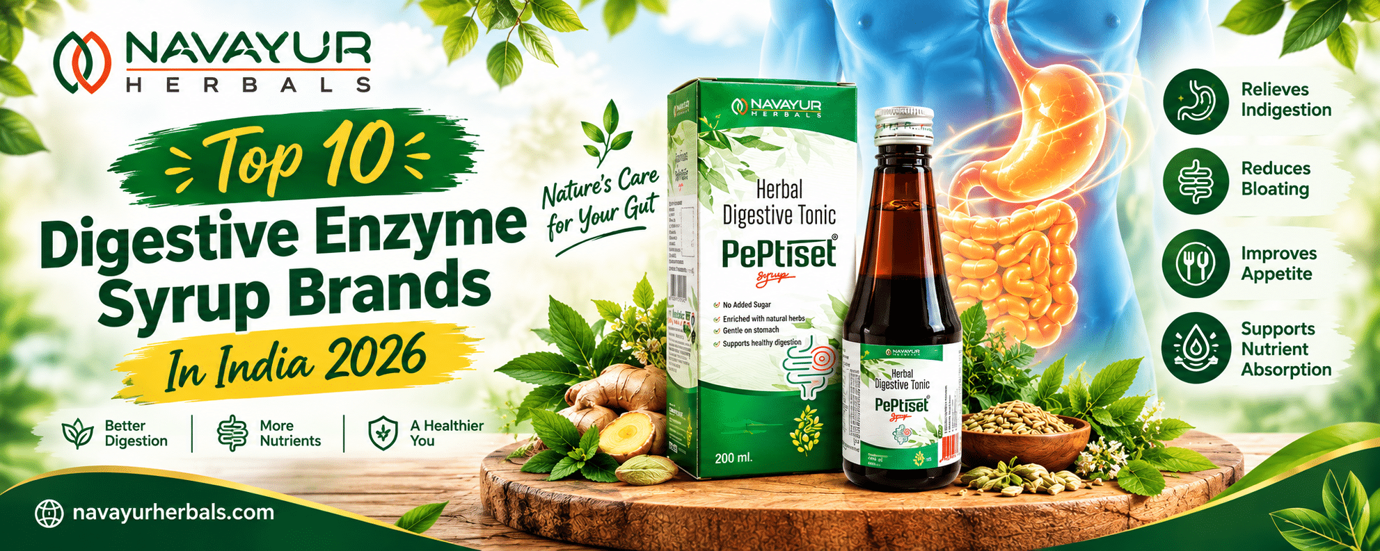Top 10 Digestive Enzyme Syrup Brands In India 2026 Top 10 Digestive Enzyme Syrup Brands In India 2026 Nowadays, life is moving faster than we ever thought. Busy schedules, an imbalanced diet, no physical activity, chronic disease, poor lifestyle habits, stress, and no sleep. Indirectly or directly, these factors affect our digestive system badly and lead to the condition where our body stops making digestive enzymes. Digestive enzymes aid in the breakdown of food in our body to provide complete nutritional balance. We have to rely on additional or other sources for them. However, there is no need to worry, as the Indian market is filled with digestive enzyme syrup brands. You can take them to prevent symptoms like indigestion, gas, bloating, tummy fullness, and painful cramps. It's also essential to choose the best digestive enzyme syrup, which can give instant relief from the condition you are in, but this is just a short-term solution; for better results, you have to adopt a healthy lifestyle and a balanced nutritional diet with some physical activity. In this blog, we will guide you through the Top 10 Digestive Enzyme Syrup Brands In India 2026. List Of Top 10 Digestive Enzyme Syrup Brands In India 2026 If you are looking for the Top 10 Digestive Enzyme Syrup Brands In India 2026 which help in the reduction of issues such as chronic bloating, gas, and indigestion. The listed syrups provide essential enzymes like fungal diastase and pepsin, which increase the speed of food breakdown, ensuring smoother digestion and better nutrient absorption. Peptiset Manufactured By: Navayur Herbals Peptiset Herbal Digestive Tonic, manufactured by Navayur Herbals. It is one of the best digestive syrups in the Indian market, which uses a natural blend of papaya extract, dalchini, pippali, and trifla to ease stomach discomfort. It effectively relieves feeling full, bloating, and hyperacidity while naturally enhancing your appetite. This Ayurvedic syrup supports a healthy gastrointestinal system for smooth, everyday digestion. Navayur Herbals is one of the most reliable ayurvedic and herbal product manufacturing companies in India. They offer a wide range of ayurvedic products in different forms, such as capsules, tablets, syrups, and oils, across India, manufactured at certified facilities following stringent safety and quality norms. It is a reputed supplier to distributors and franchises throughout the country. Key Factors WHO-GMP and ISO-certified manufacturing Advanced formulation with a blend of Ayurveda AYUSH-certified product Use of natural extracts Aristozyme Liquid Manufactured By: Alkem Laboratories Ltd. Aristozyme Liquid is formulated to improve your digestive system by helping to break down food efficiently and ease stomach discomfort or bloating after meals. This trusted liquid formulation focuses on promoting smoother everyday digestion. It is brought to you by Alkem Laboratories Ltd., a prominent pharmaceutical leader recognized globally for its extensive healthcare portfolio and dedication to accessible therapeutic solutions. Lupizyme Plus Manufactured By: Lupin Ltd. For people who are suffering from post-meal heaviness, Lupizyme Plus can be your companion. It targets complex food molecules to ease your digestive processes and help your body absorb nutrients more comfortably. Lupin Limited is the manufacturer of this syrup, a well-recognized brand with world-class manufacturing facilities and certified by global authorities for delivering premium-quality products. Neopeptine Liquid Manufactured By: Raptakos Brett & Co. Ltd. Neopeptine Liquid is a gentle formulation specifically designed to ease distressing, trapped gas, and painful cramps. It works by soothing the sensitive digestive tract so that food breakdown can be easier and nutrient absorption can increase. Raptakos Brett & Co. Ltd. is a dedicated pharmaceutical company established in 1930. The products manufactured by them meet global standards, and their portfolio consists of nutritional dietary supplements. Digeplex Liquid Manufactured By: Piramal Pharma Ltd. Heavy bloating right after a meal can be very uncomfortable and make our day slow. However, Digeplex Liquid is a powerful digestive stimulant designed to soothe an upset stomach, relieve bloating, and improve appetite. This stomach soother is manufactured by Piramal Pharma Ltd., an energetic global healthcare company that is well-known for operational excellence, world-class manufacturing capabilities, and a passion for patient safety. Vitazyme syrup Manufactured By: East India Pharmaceutical Works Ltd. East India Pharmaceutical Works Ltd. is one of the time-tested companies that manufacture herbal and Ayurvedic products. They are the manufacturer of this wonderful syrup known as Vitazyme syrup. This syrup directly targets our digestive system and gives relief from issues like gas and bloating and ease the food disgestion. The products manufactured by them emphasize high-quality, affordable healthcare development across India. Nutrozyme Plus Manufactured By: Corona Remedies Pvt. Ltd. Nutrozyme Plus is a fast, effective digestion aid syrup that helps digestive enzymes work more effectively by providing relief from abdominal pain and heavy bloating. It also improves metabolic processes in our body. Manufactured by Corona Remedies Pvt. Ltd., a progressive, rapidly growing pharmaceutical organization committed to state-of-the-art, certified production environments and continuous therapeutic innovations. Bestozyme Syrup Manufactured By: Biological E. Ltd. Say goodbye to the painful burn of chronic indigestion and stubborn heartburn. Bestozyme Syrup relies on a specialized blend of essential digestive enzymes to break down food efficiently, keeping your gut balanced and completely comfortable throughout the day. This gentle oral solution is supplied by Biological E. Ltd., a legendary biopharmaceutical and biotechnology pioneer founded in 1953, globally celebrated for its massive historic contributions to life-saving preventive medicines and world-class vaccines. Etazyme Syrup Manufactured By: Ethicare Remedies Etazyme Syrup helps your stomach recover and digest food comfortably. It targets functional digestive issues directly, breaking down heavy daily meals smoothly to prevent painful cramps, tension, and a sour stomach. This advanced liquid supplement is marketed by Ethicare Remedies, a contemporary, patient-focused healthcare firm highly dedicated to delivering specialized therapeutic wellness options and clinical dermatological formulations. Gevazyme Syrup Manufactured By: Geno Healthcare Pvt. Ltd. Tackle troublesome dyspepsia and systemic food intolerances with a formula designed to get things moving again. Gevazyme Syrup works efficiently with your body to restore a completely natural and comfortable digestive rhythm, easing the pressure from bloating and flatulence. The specialized oral liquid is developed by Geno Healthcare Pvt. Ltd., an established market partner operating since 1975, widely renowned for its diverse therapeutic catalog and unwavering dedication to strict quality control protocols. Conclusion Digestive enzyme syrups are a very good option to get rid of bloating, gas, and indigestion in a faster way. You can pick one of the digestive enzymes according to your preference from the list of Top 10 Digestive Enzyme Syrup Brands in India 2026. They help digestive enzymes to do work faster in the breakdown of food, which ensures smoother digestion and better nutrient absorption. For the long term, you need the right fuel: a balanced diet, good sleep, and exercise.
